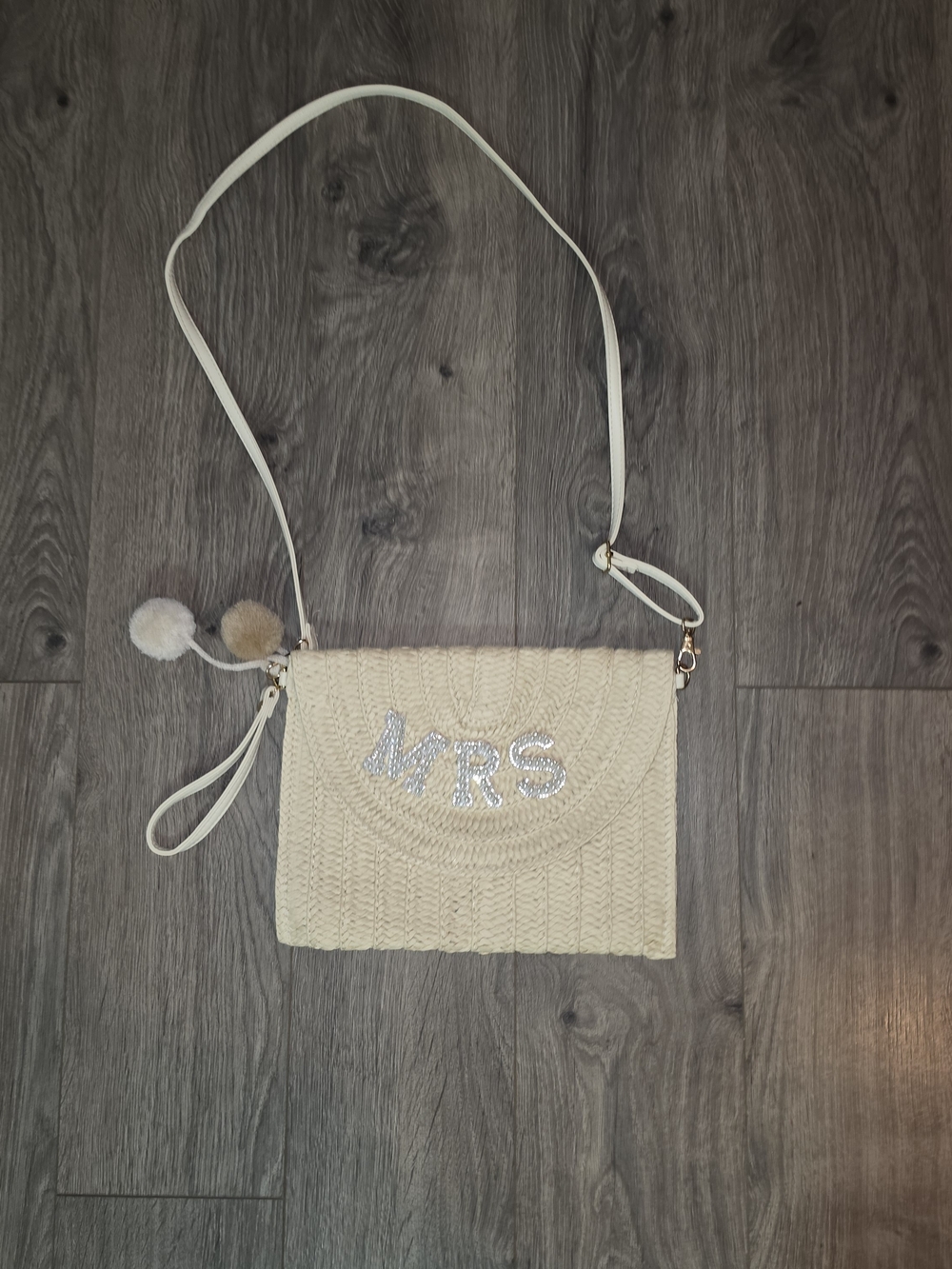 Cream Shoulder Bag with Sparkle 'MRS' Detail and Pom-Poms